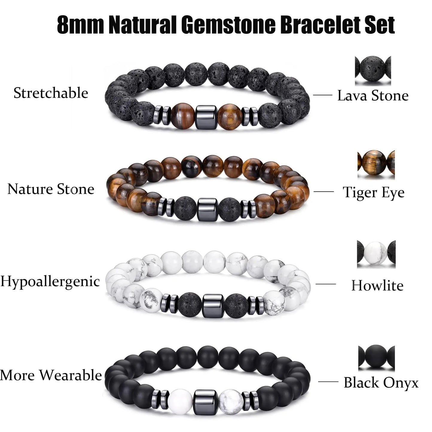 Tiger Eye Bracelet For Men 8MM Natural Stone Stretch Adjustable Black Crystal Beaded Bracelet for Men Women Gifts