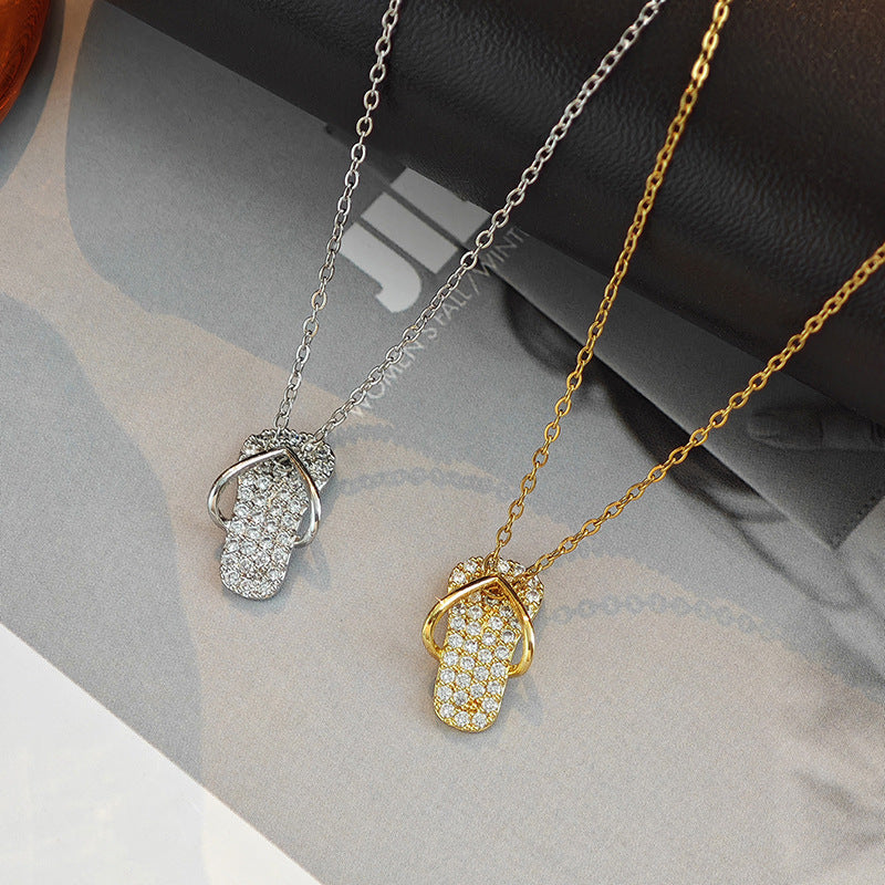 Chic Flip Flops Shaped Pendant Necklace for Women Bling Crystal CZ Funny Summer Girls Neck Accessories Statement Jewelry