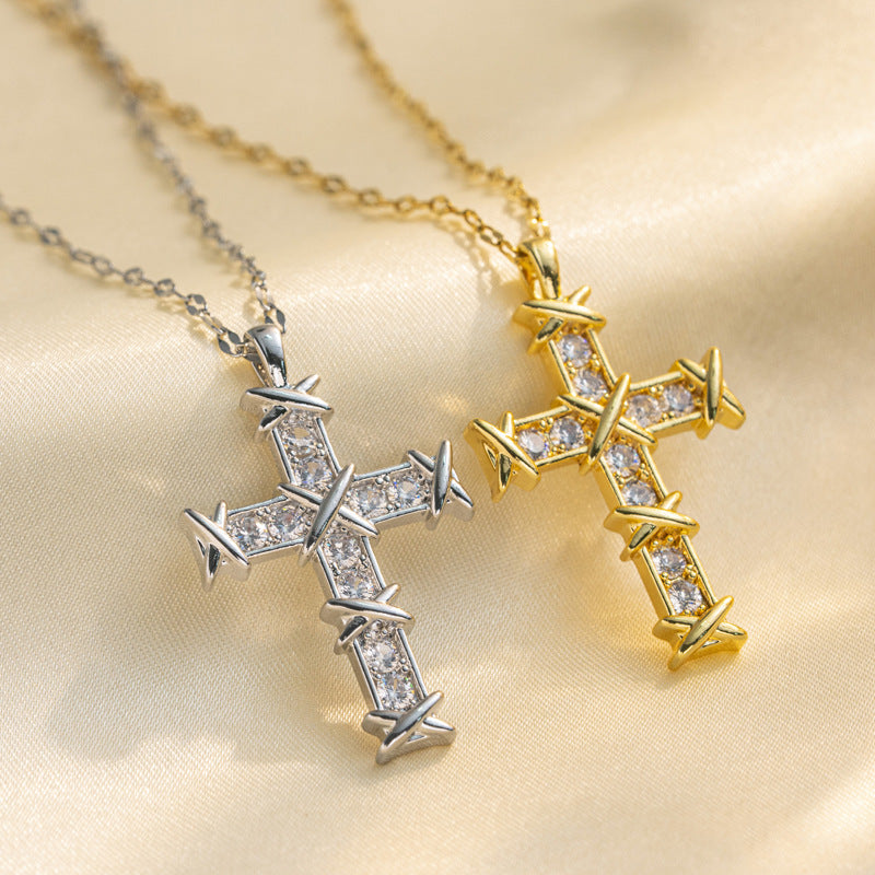 Cross Zircon Necklace For Women Men Gold Plated Stainless Steel Clavicle Chain Necklaces Vintage Religion Aesthetic Jewelry
