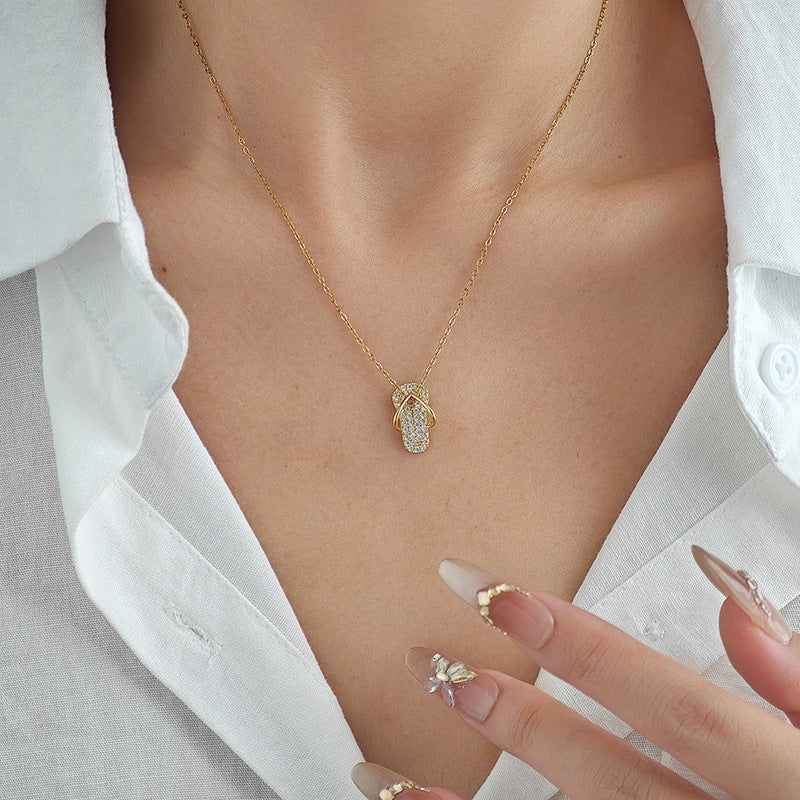 Chic Flip Flops Shaped Pendant Necklace for Women Bling Crystal CZ Funny Summer Girls Neck Accessories Statement Jewelry