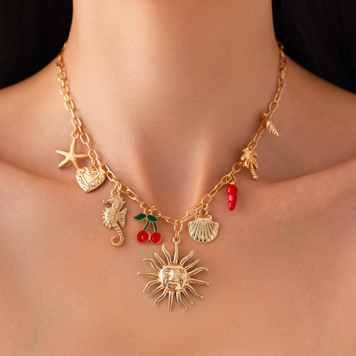 Classic Starfish Coconut Tree Conch Sun Pendant Necklace for Women Gold Color Chain Choker Summer Beach Neck Jewelry Gift