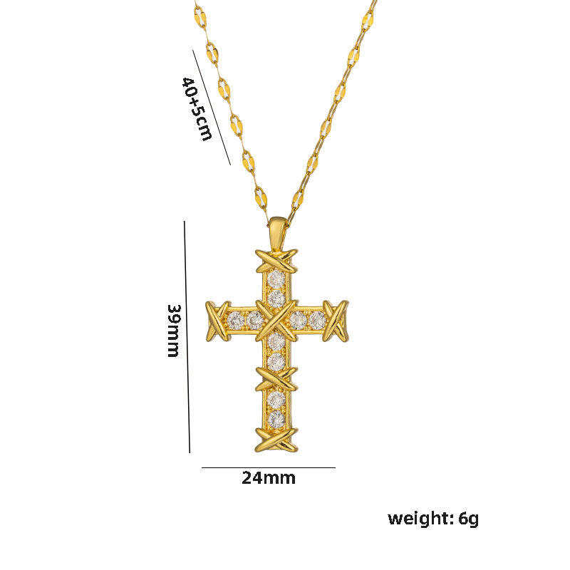 Cross Zircon Necklace For Women Men Gold Plated Stainless Steel Clavicle Chain Necklaces Vintage Religion Aesthetic Jewelry