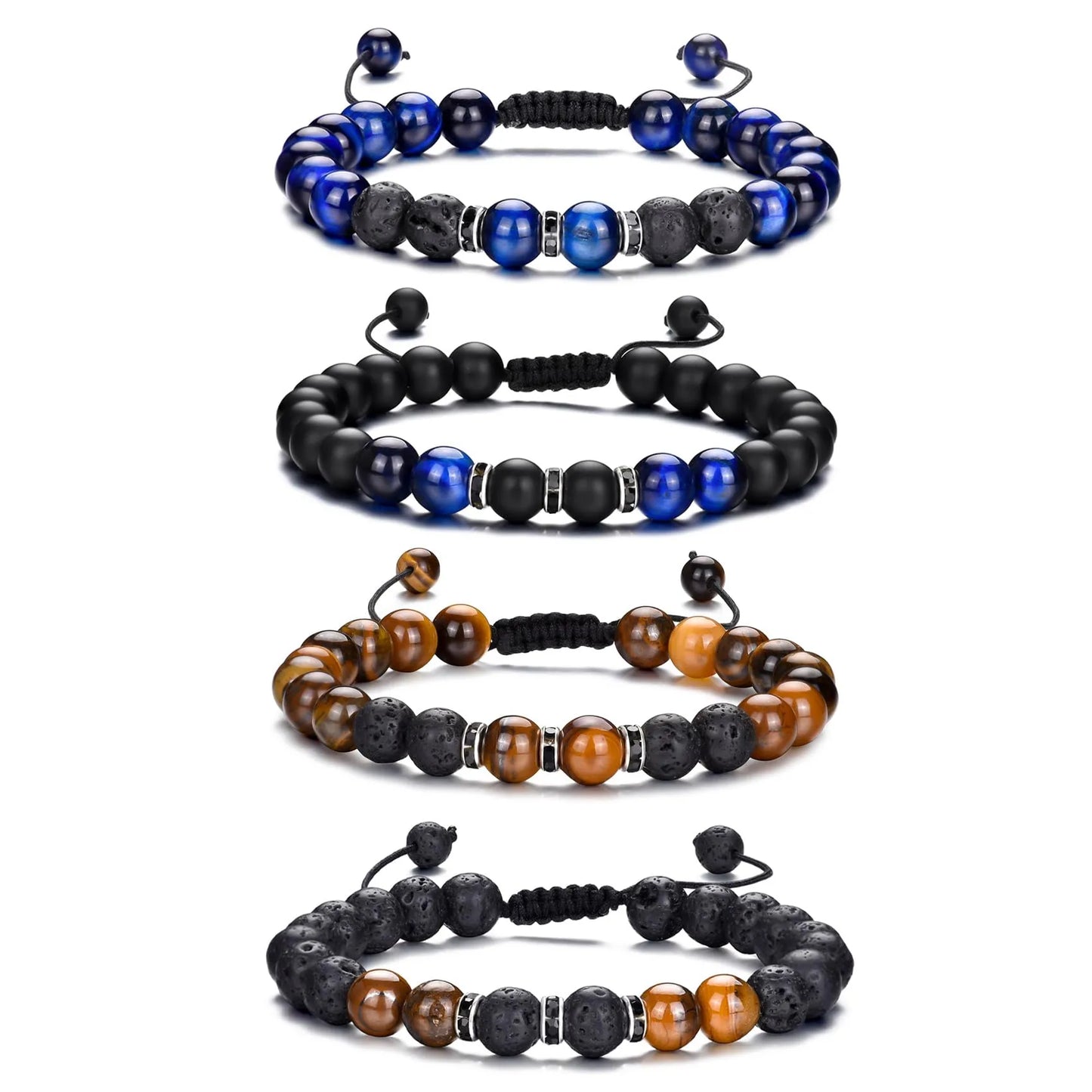 Tiger Eye Bracelet For Men 8MM Natural Stone Stretch Adjustable Black Crystal Beaded Bracelet for Men Women Gifts