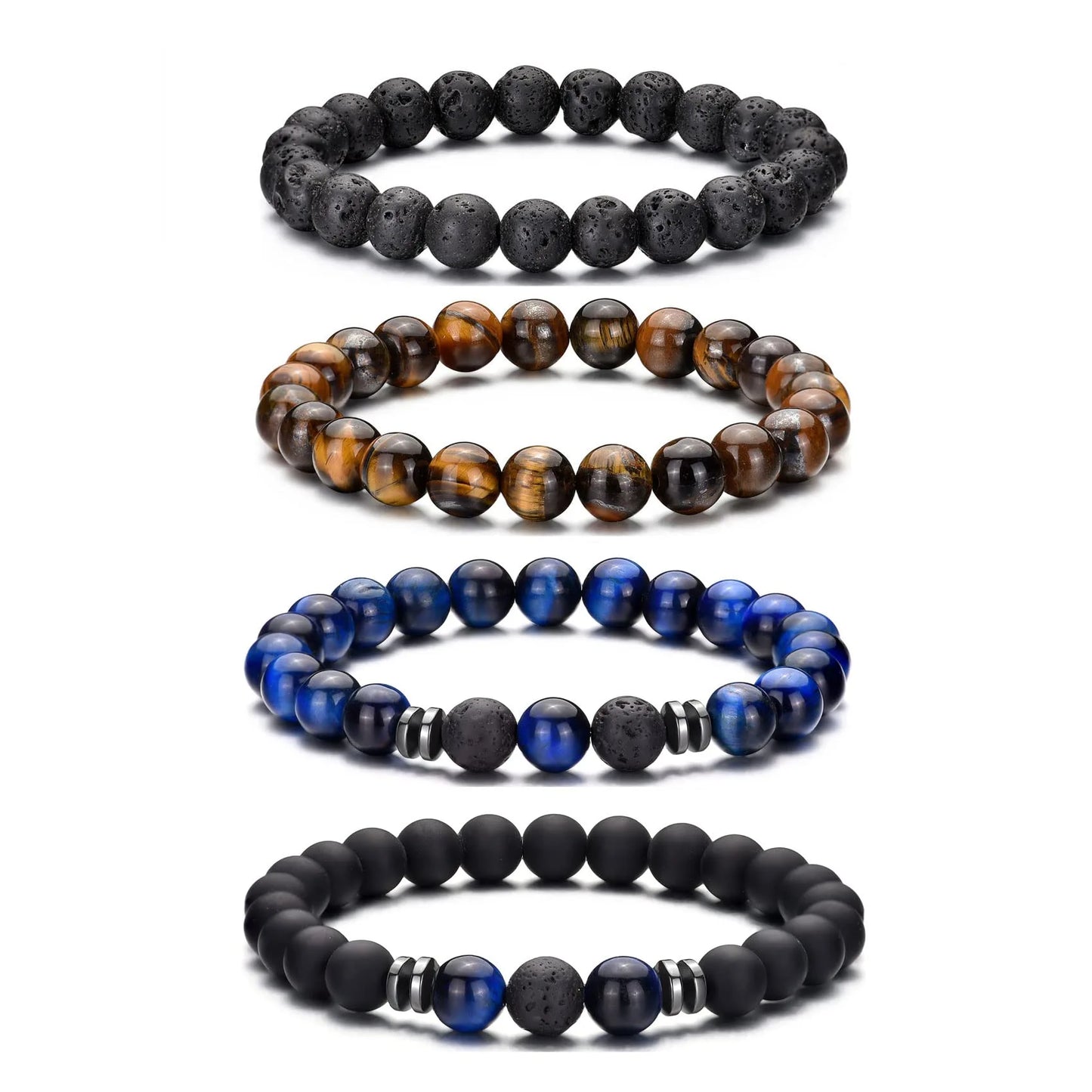 Tiger Eye Bracelet For Men 8MM Natural Stone Stretch Adjustable Black Crystal Beaded Bracelet for Men Women Gifts