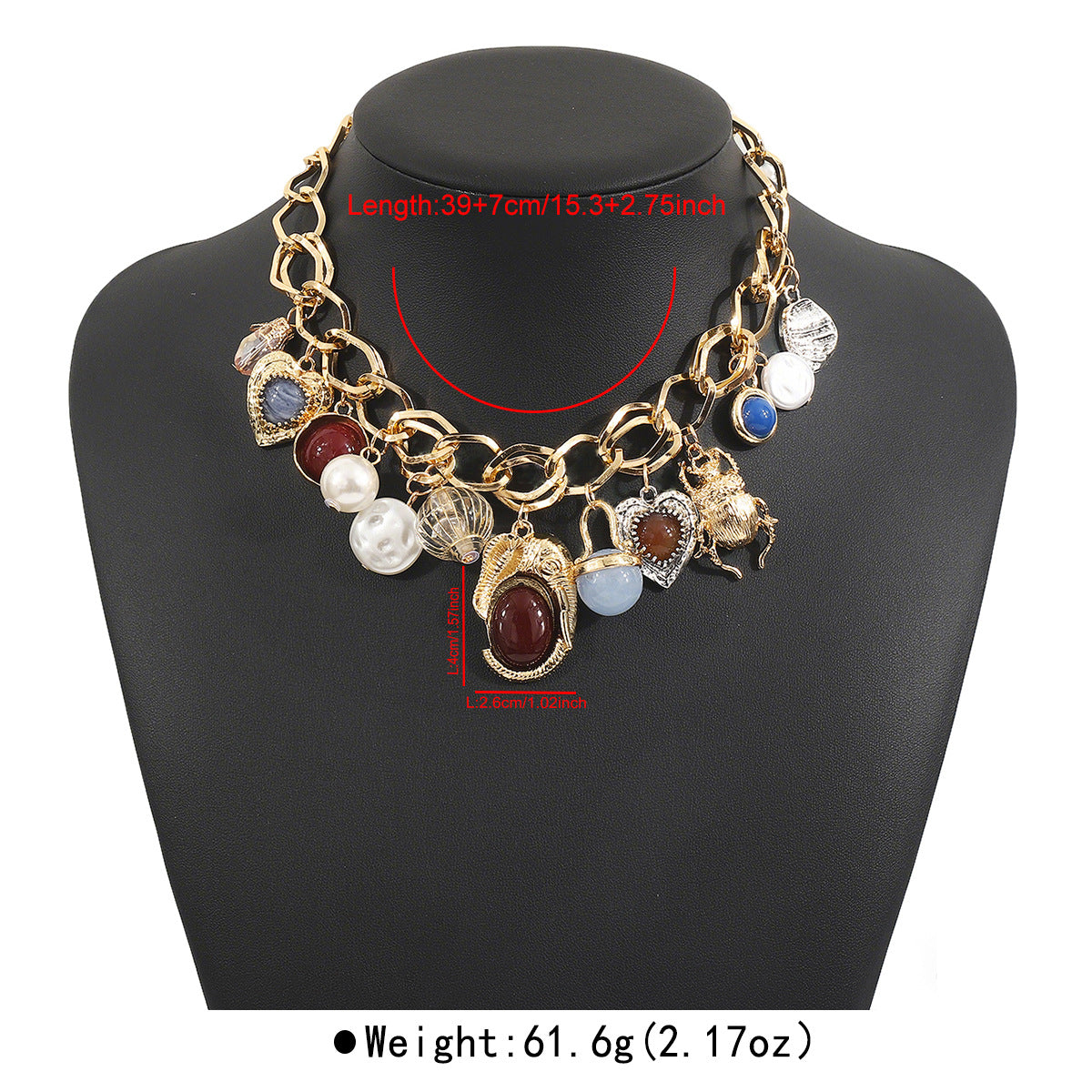 Retro Gold Thick Chain Necklace Women's Exaggerated Heart Bug Pearl Pendant Clavicle Chain Jewelry Accessory Small Pendant