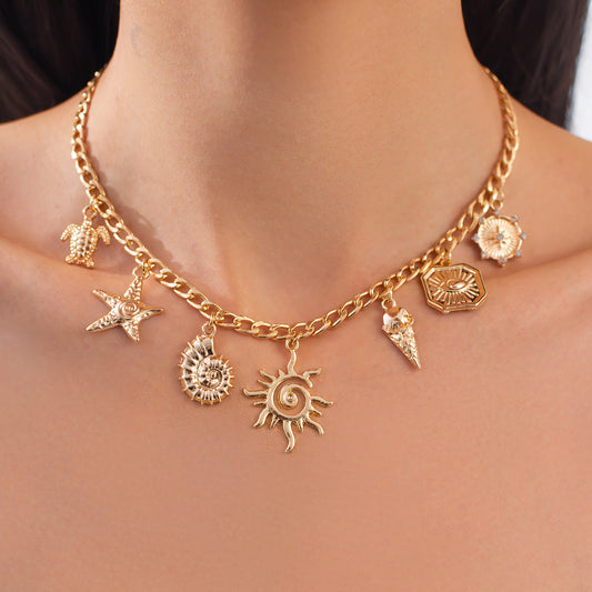 Classic Starfish Coconut Tree Conch Sun Pendant Necklace for Women Gold Color Chain Choker Summer Beach Neck Jewelry Gift