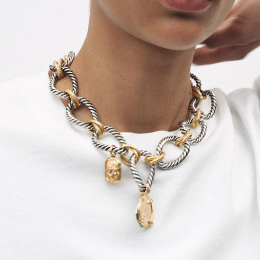 Personality Fashion Cuban Chain Necklaces Vintage Metal Circular Choker Double Color Gift Neck Jewelry Women
