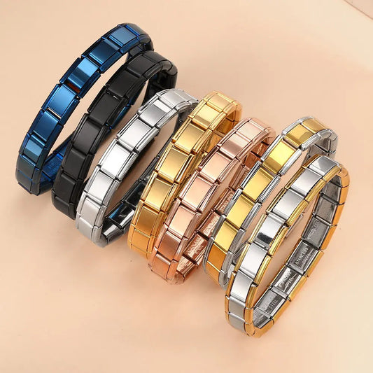 Stainless Steel Stars Cross Elastic Italian Links Charm Bracelet 9mm Width Simple Design Bangle Men Women DIY Jewelry