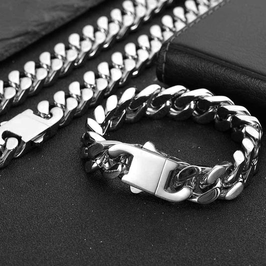 Titanium steel Cuban chain bracelet, stainless steel encrypted four sided ground Cuban buckle necklace, high-end Cuban buckle