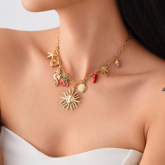 Classic Starfish Coconut Tree Conch Sun Pendant Necklace for Women Gold Color Chain Choker Summer Beach Neck Jewelry Gift