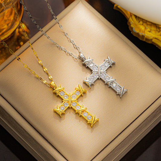 Cross Zircon Necklace For Women Men Gold Plated Stainless Steel Clavicle Chain Necklaces Vintage Religion Aesthetic Jewelry